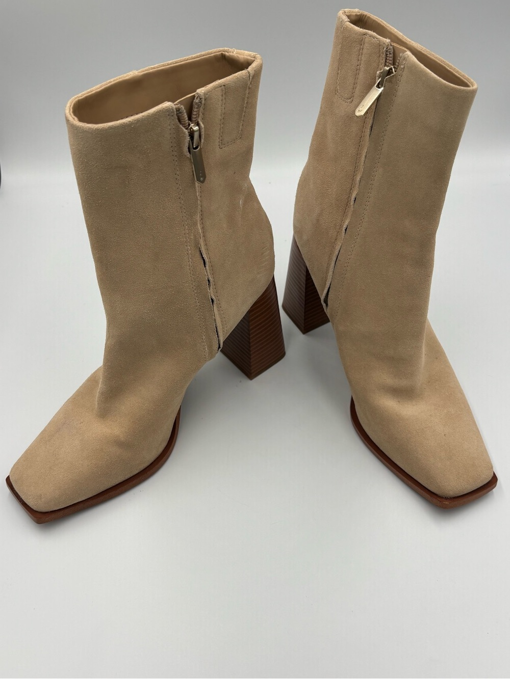 Sam Edelman Ivette Tan Suede Square Toe Block Heel Ankle Boots 7M Never Worn